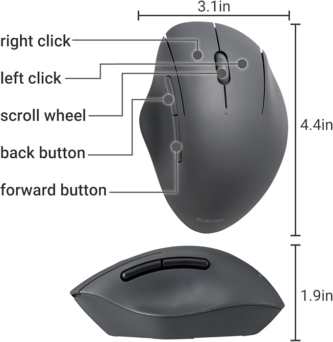 ELECOM Bluetooth Mouse Ergonomic Shape, Silent Click, 18-Month Battery Life, 2000DPI, 5 Buttons, Optical Sensor, Compatible with PC, Mac, Laptop, SHELLPA, Black (M-SH20BBSKBK)