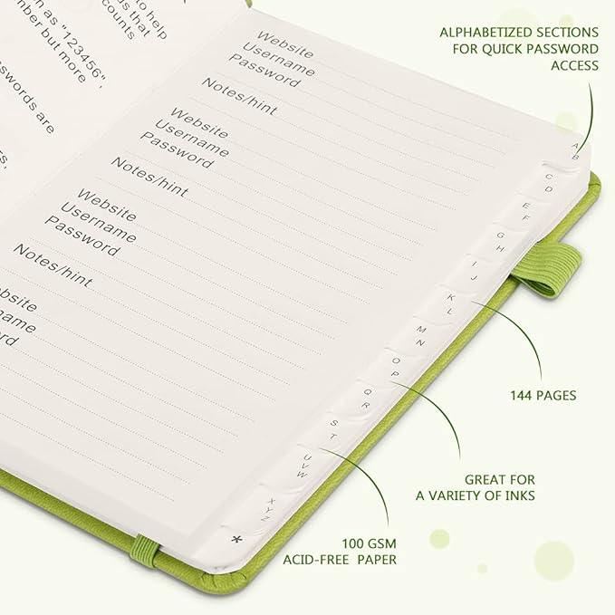JUBTIC Password Book with Alphabetical Tabs Medium Size Password Keeper Logbook for Internet Log in Website Address Detail. Hardcover Password Notebook Journal & Organizer for Home Office, Green