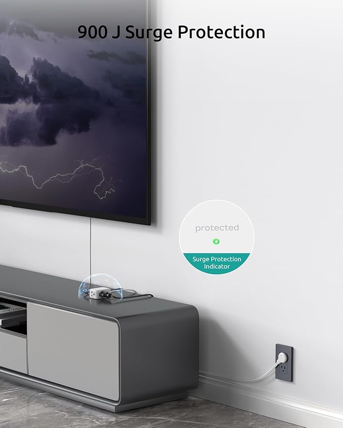 Extension Cord Flat Wall Plug 10ft, ETL Listed, NUTICT Indoor 3 Prong Long Cord Extension, 900J Surge Protector, 13A/1625W, Ultra-Thin Low Profile Left Angle Flat Plug, Behind Bed Sofa Dresser, White