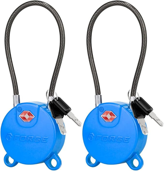 Forge TSA Approved Luggage Locks Ultra-Secure Dimple Key Cable Locks for Travel with Zinc Alloy Body- 2 Blue Locks
