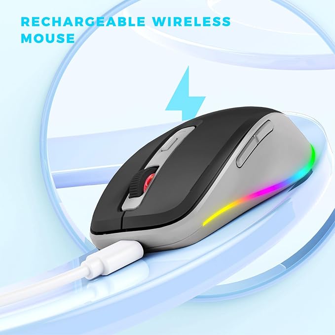 PEIOUS Wireless Mouse Jiggler - LED Wireless Mice with Build-in Mouse Mover, Rechargeable Moving Mouse for Laptop with Undetectable Random Movement Keeps Computers Awake - Black & Grey