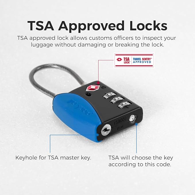 pack all TSA Approved Cable Luggage Locks, 3 Digit Combination Padlocks, Travel Lock for Suitcases & Bag, Alloy Body, Travel Accessories (4 Pack)（Navy）