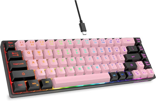 65% Wired Gaming Keyboard, LED Backlit, Ultra-Compact Anti-Ghosting No-Conflict 68 Keys Membrane Gaming Wired Keyboard for PC Laptop Windows Gamer(Pink-Black)