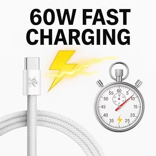 Pebble 60W USB-C to USB-C Cable – 6.6ft White | Fast Charging, Durable Nylon Braided, Universal USB-C Compatibility (ABS, White)