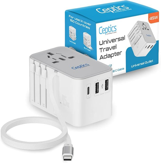 Ceptics 5 in 1 International Travel Adapter with PD 45W Retractable USB-C Cable 65cm, 2X USB-A 2.4A, 1x USB-C 3A, Travel Adapter Worldwide for Laptop, Phones and Cameras for US, EU, UK, UP-45WC-WH