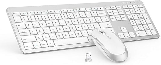 Wireless Keyboard and Mouse Combo - Full Size Slim Thin Wireless Keyboard Mouse with Numeric Keypad 2.4G Stable Connection Adjustable DPI (White & Silver)