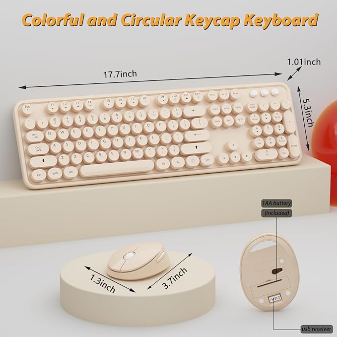 Wireless Keyboard and Mouse Combo, Cute Colorful 104 Keys Typewriter Retro Round Keycaps Keyboard for PC Laptop,Desktop,Windows, Home and Office Keyboards Coffee
