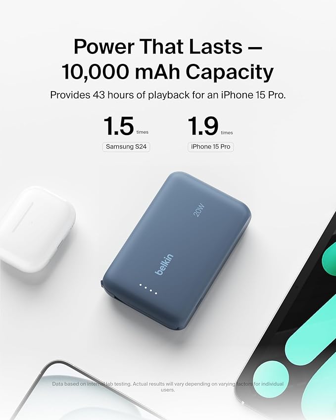 Belkin Portable Charger, Portable Power Bank with Integrated Cable 10000 mAh 20W - Fast Charge USB C Power Delivery, iPhone Charger - iPhone 17, Air, Pro, Pro Max, iPad, Galaxy S25, & More - Blue