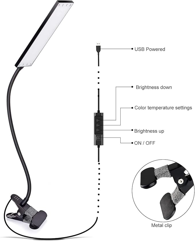 Vansuny Clip on Light LED Desk Lamp with Eye-Caring LED Light and Metal Clip, 11 Level Brightness 3 Color Modes, Power by USB Port 5W Flexible Gooseneck Reading Lamp for Home and Office (5W, Black)