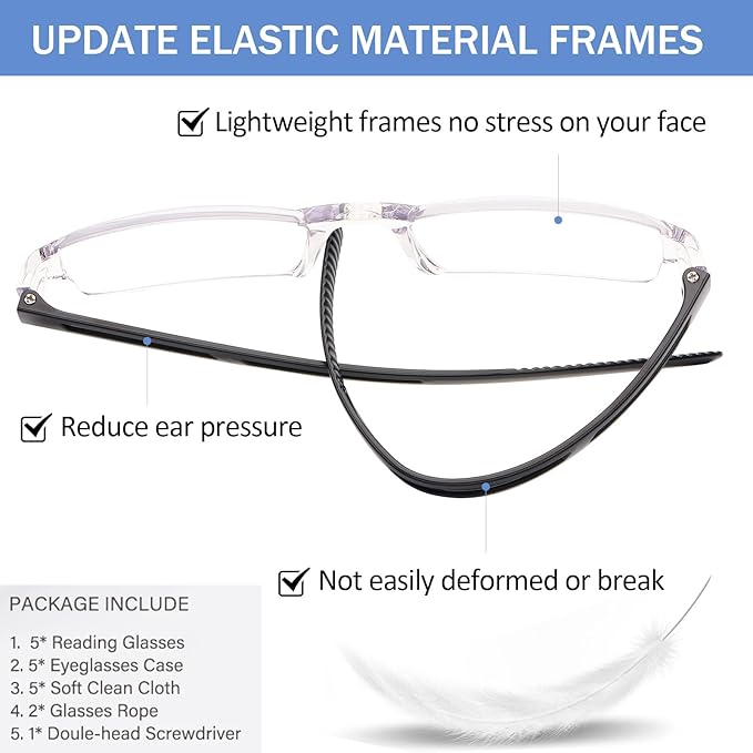 AQWANO Rimless Reading Glasses Computer Blue Light Blocking for Women Men, 5 Pack Clear Frame Readers Anti Glare/Eyestrain Lightweight Comfortable, 1.75