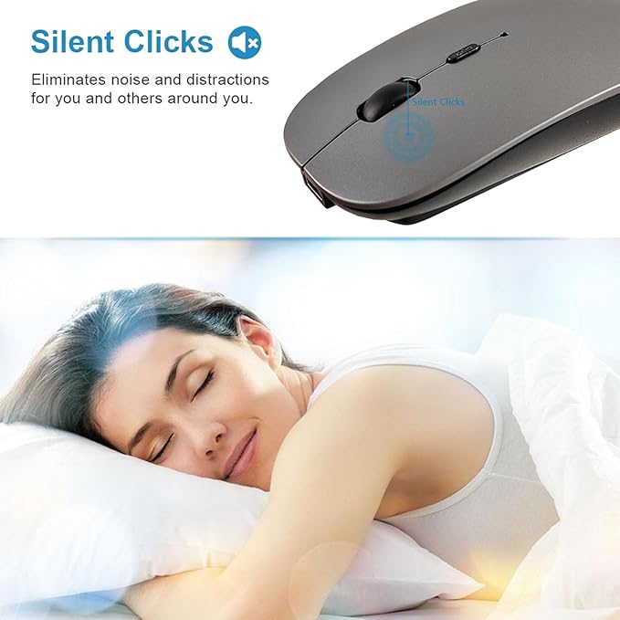 SUNGI Bluetooth Mouse,Wireless Slim Silent Mice USB Rechargable Mouse for iPad/MacBook/Tablet/PC/iPhone/Cellphone,Gray