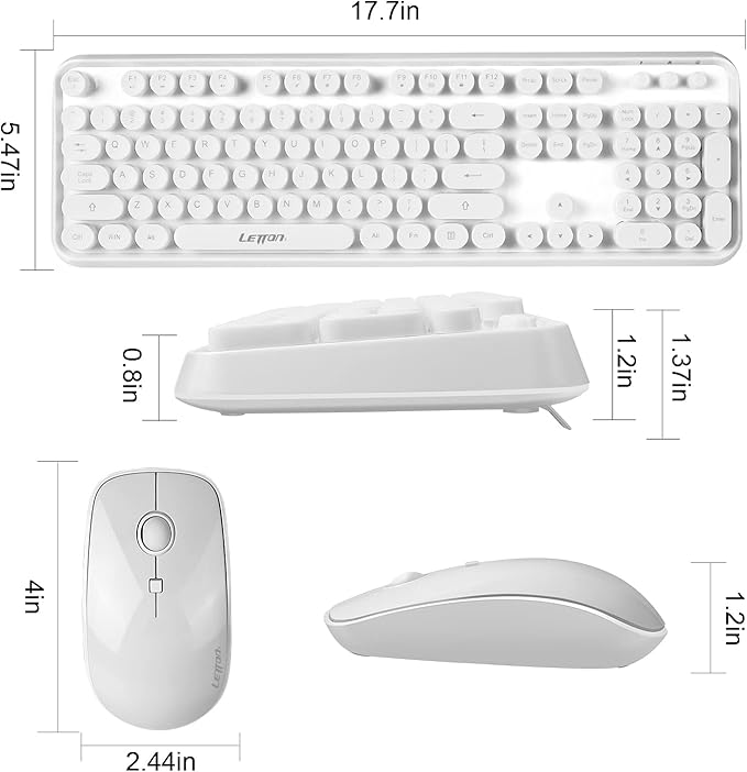 Wireless Keyboard Mouse Combo, 2.4GHz White Wireless Keyboard Typewriter, Letton Full Size Office Computer Retro Keyboard and Optical Cute Mouse with 3 DPI for Mac PC Desktop Laptop