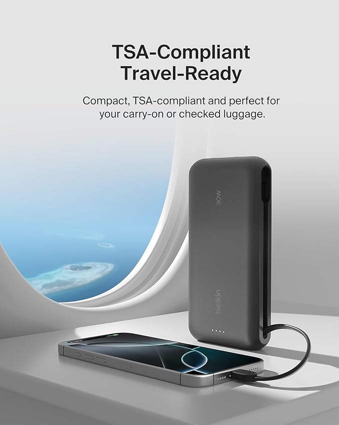 Belkin Portable Charger, Power Bank with Integrated Cable 20000 mAh 30W - Fast Charging USB C Power Delivery, iPhone Charger - iPhone 17, Air, Pro, Pro Max, iPad, Galaxy S25, & More - Black