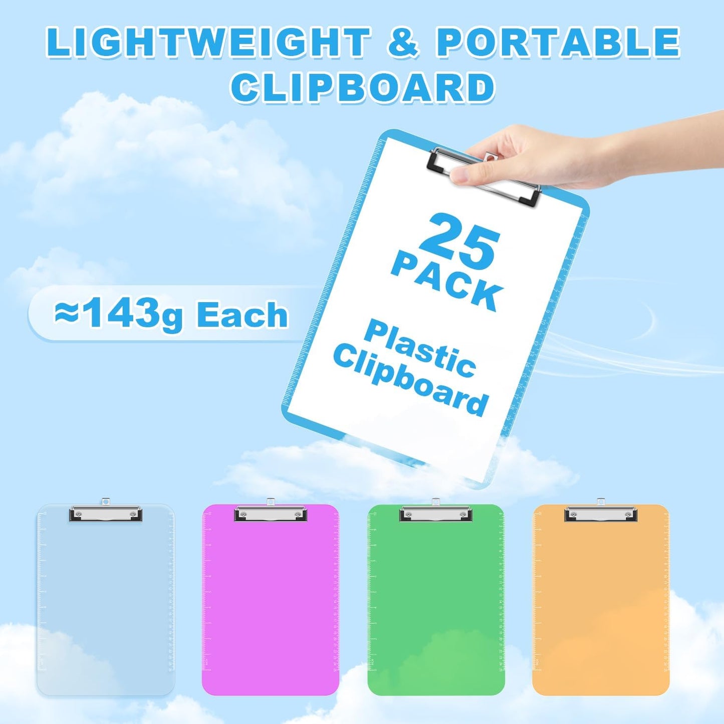 TOTiyea Clipboard Set of 25, 12.5 x 9 Inch Multi Color, Plastic Clipboard with Low Profile Clip, 75 Sheets Capacity, Standard Letter Size