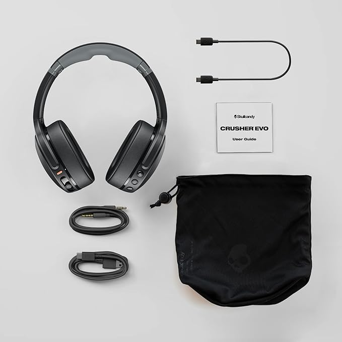 Skullcandy Crusher Evo Wireless Bluetooth Headphones with Extra USB-C Charging Cable, Multi-Sensory Bass, Noise Isolating Over-Ear Fit, 40 Hours Battery, Microphone for iPhone Android - Chill Grey