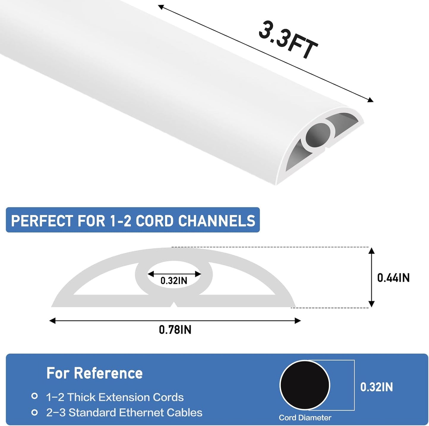 Floor Cord Cover Self Adhesive Cord Hider Floor Extension Cord Covers for Floor Power Cord Protector Cable Management Prevent Cable Trips Cable Cavity 0.32" W x 0.32" H (White, 3.3Ft)