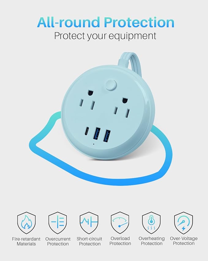 Flat Plug Power Strip with USB C Ports, KOOSLA Travel Extension Cord No Surge Protection - 2 Outlets 3 USB Ports(1250W) - Cruise Essentials for Cruise Ship, Home, Office, Dorm Room, 10ft