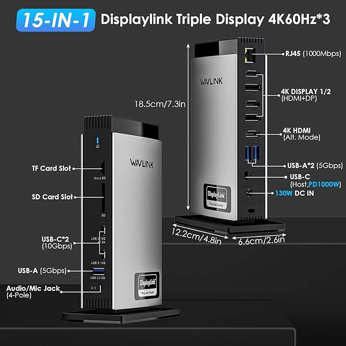 WAVLINK USB C DisplayLink Docking Station 15 in 1 with 3 HDMI,Laptop Docking Station Triple Monitor 4K60Hz,for M1 M2 M3 Mac and Windows,5 USB Ports, 2DP,Ethernet Port, Audio/Mic, SD/TF