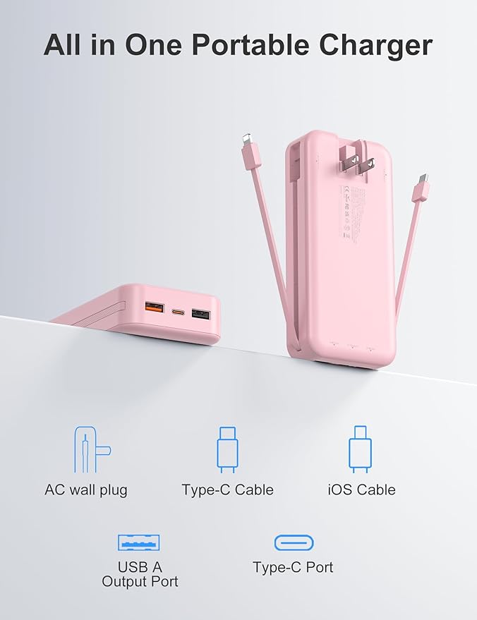 20000mAh Ultra-Portable-Charger-Power-Bank with Built in Cables&AC Wall Plug,PD20W USB-C Fast Charging Cell Phone Charger Battery Pack,LED Display Travel Battery Bank for All iPhone,Samsung,Android