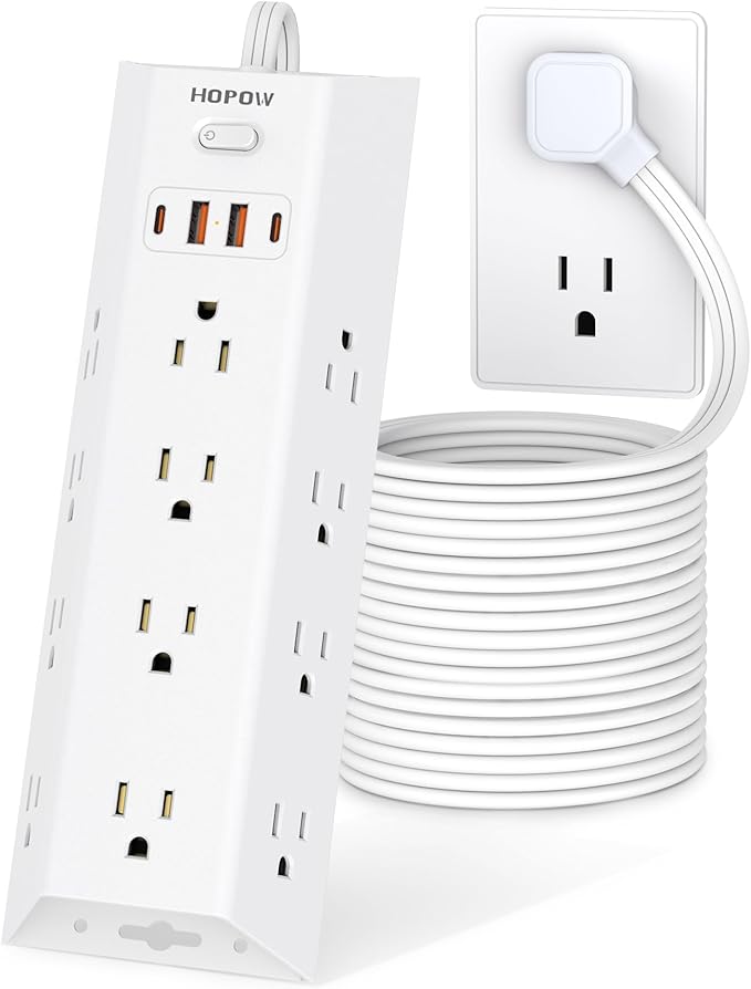 10FT Surge Protector Power Strip, HOPOW Long Extension Cord with 12 Widely AC Outlets 4 USB (2-USB C), Flat Plug, Wall Mount Power Strip, 1700 Joules Charging Station for Home Office, White