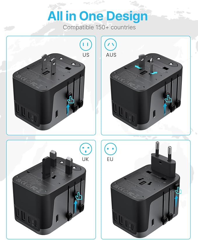 Universal Travel Adapter, VINTAR International Power Adapter with 6A 3 USB C and 2 USB Ports, All in One Travel Essentials Plug Adapter, Worldwide Outlet Converter for Europe UK USA AUS(Type C/G/A/I)