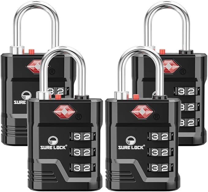 SURE LOCK TSA Locks for Luggage, TSA Approved Luggage Locks with Open Alert, 008 Key for High Security, Easy Read Dials, Zinc Alloy Body, Locker Lock for Suitcase, Gym, Travel. (Black 4 pk)