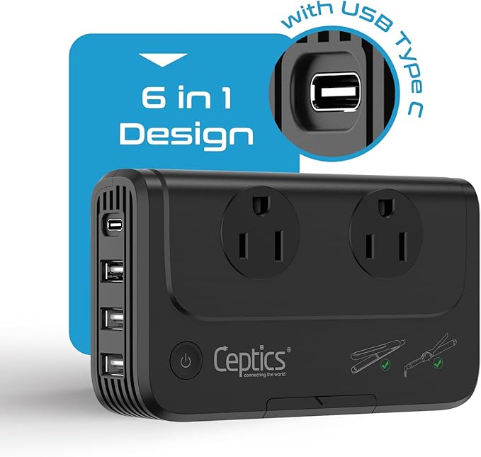 Ceptics - 6 in 1 Travel Adapter and Voltage Converter, 220V to 110V Converter with Surge Protection, Universal Adapter with Types A, C, G, I attachments & 4 USB PD 18W Fast Charging - Black
