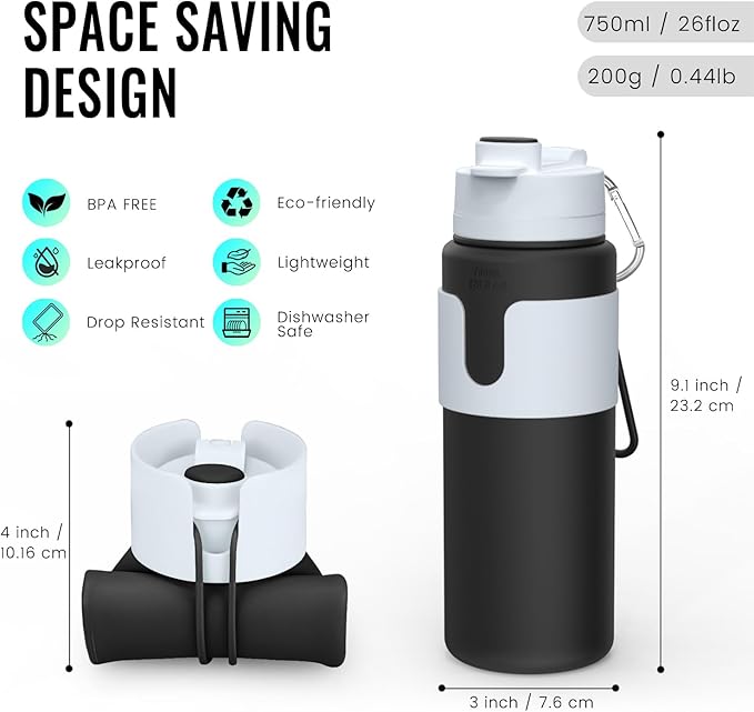 Nefeeko Collapsible Water Bottle, BPA Free 26oz Foldable Water Bottle for Travel Sports, Leak-Proof Spill-Proof Portable Water Bottles with Carabiner, Lightweight