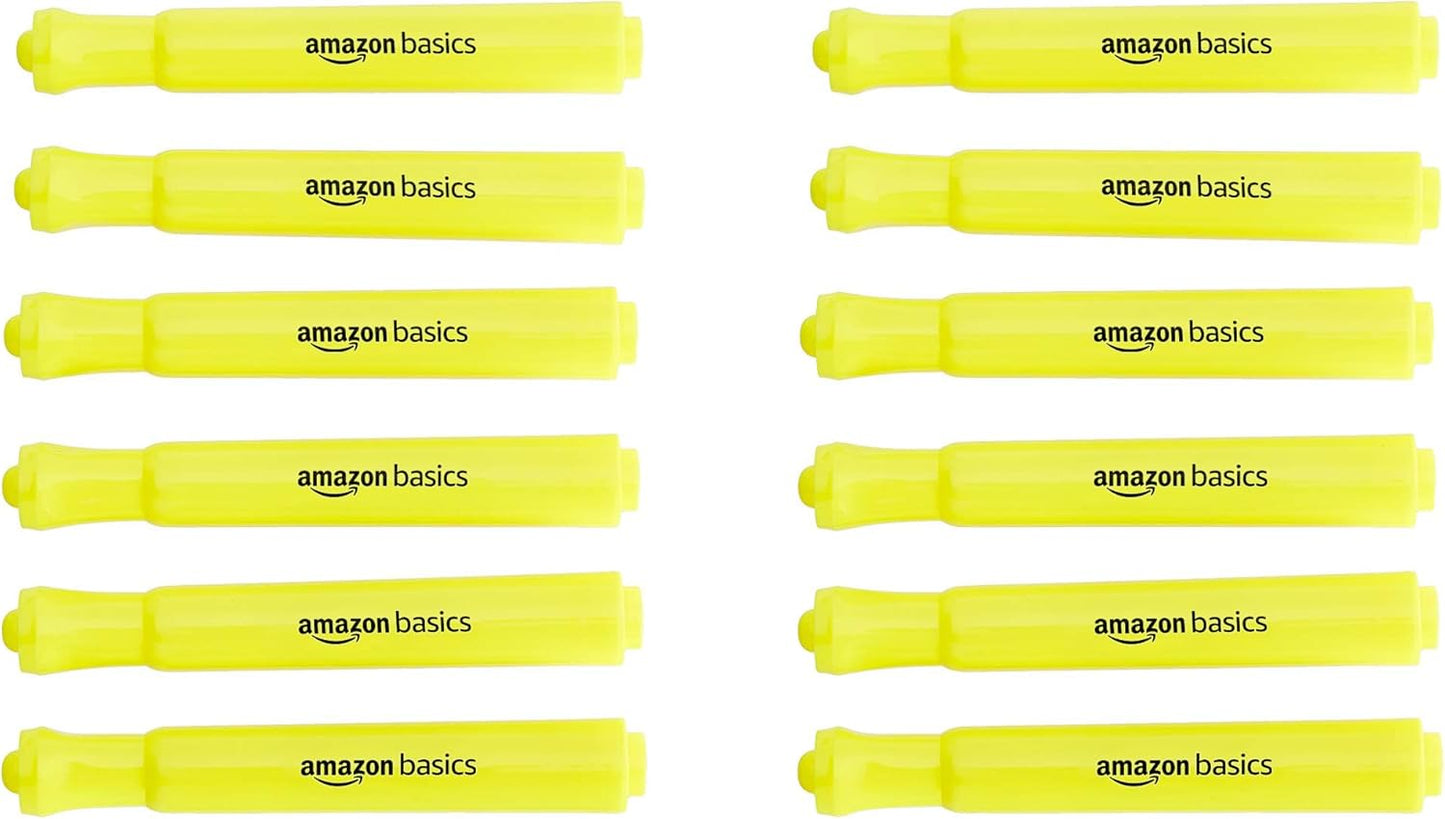 Amazon Basics Highlighters 12 Pack, Yellow Colors, Chisel Tip,Bible Highlighter,Office and School Supplies