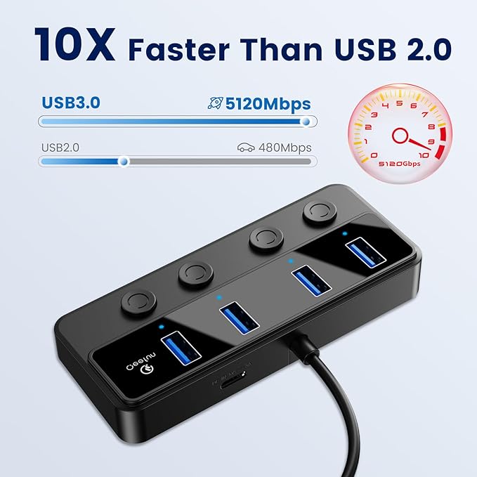 Qeefun 4-Port USB 3.0 Hub, Individual LED Power Switches, 5Gbps Data Transfer USB Splitter with 2ft Extension Cable, Multiple USB Extender for Laptop, PC, iMac, USB Flash Drives and More