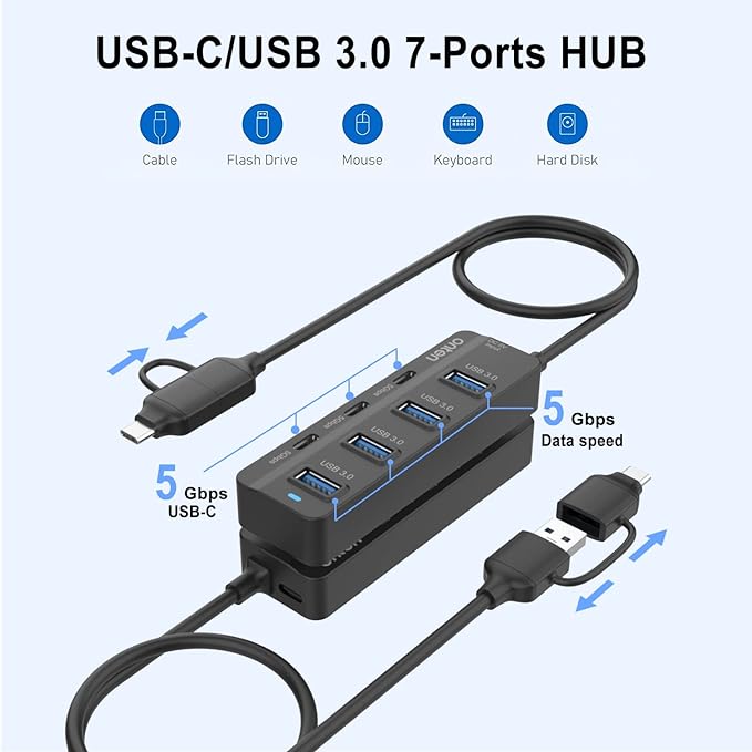 USB C Hub,7 Ports USB3.0 to USB-C HUB with a USB C to USB 3.0 Adapter. 3.2ft Cable 4*USB3.0 Ports,3*USB C Ports forThunderbolt 3/4 MacBook Surface Pro and More USB/USB C Devices