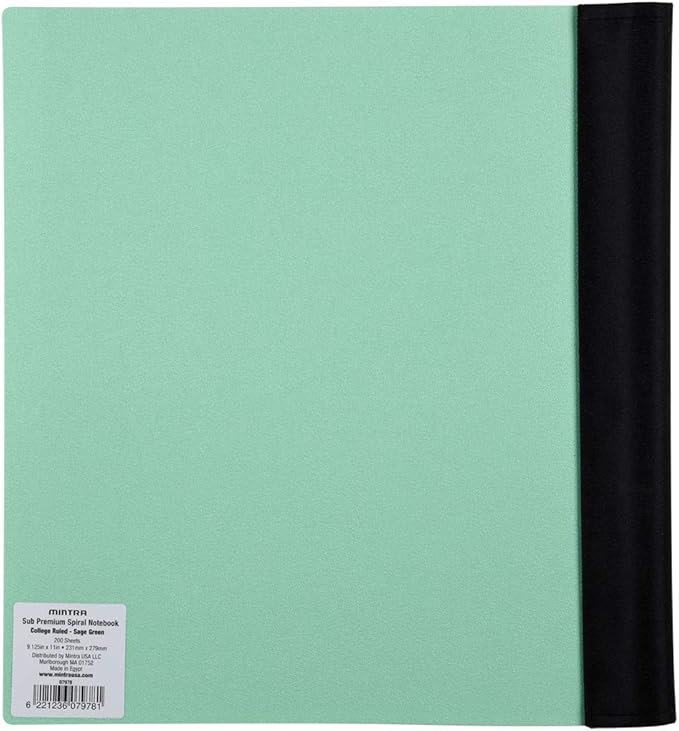 Mintra Office Durable PREMIUM Spiral Notebook, ((Sage Green, 5 Subject (8.5in x 11in)), Fabric Covered Coils, No Snags, College Ruled, Adjustable Pocket Dividers, Ruler, Organization, Student, School