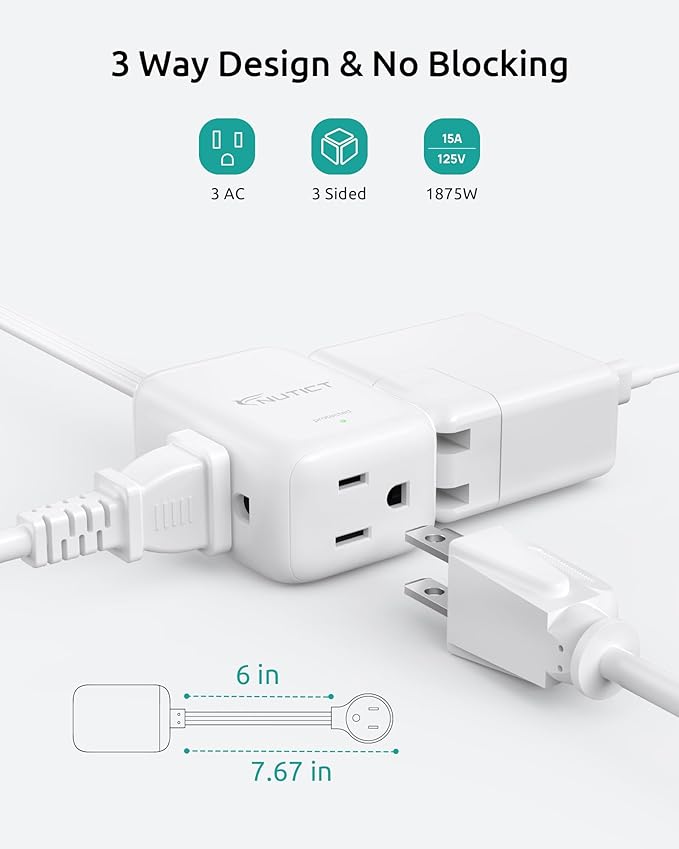 Short Extension Cord 6 Inch, ETL Listed, Flat Outlet Extender with 900J Surge Protector, 15A/1875W, 3 Way Multi Plug Outlet Splitter for Kitchen Bathroom Office Tight Spaces, White