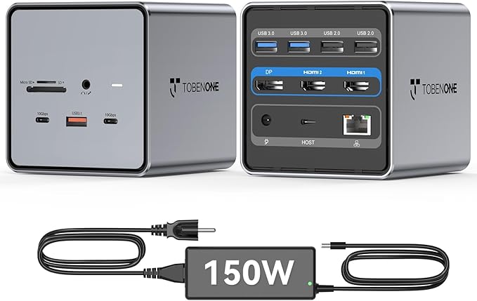 TobenONE USB C Docking Station Dual/Triple Monitors with 150W Power Adapter for Dell/HP/Lenovo/Surface/Asus/Chromebook, 2 HDMI, DP, 5 USB, Ethernet, SD 4.0/Micro SD