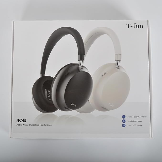 T-fun NC45 Active Noise Cancelling Headphones, Comfortable Wireless Over Ear Headset with Mic, 55H Playtime, Hi-Res Audio, Deep Bass, Low Latency, Bluetooth 5.3 ANC Headphones for Travel Home