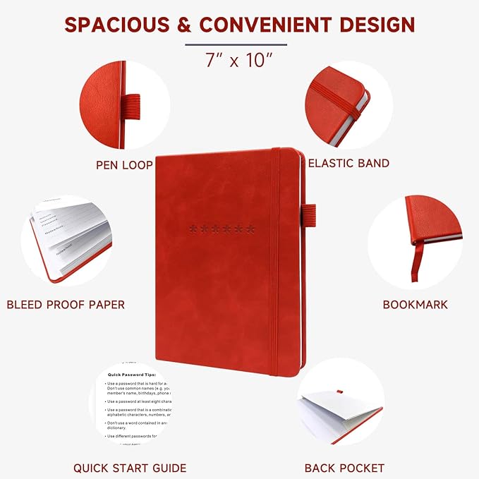 Password Book with Alphabetical Tabs – Hardcover Internet Address & Password Organizer – Password Keeper Notebook for Computer & Website – 7x 10" Log-in Password Journal w/Thick Paper (Red)