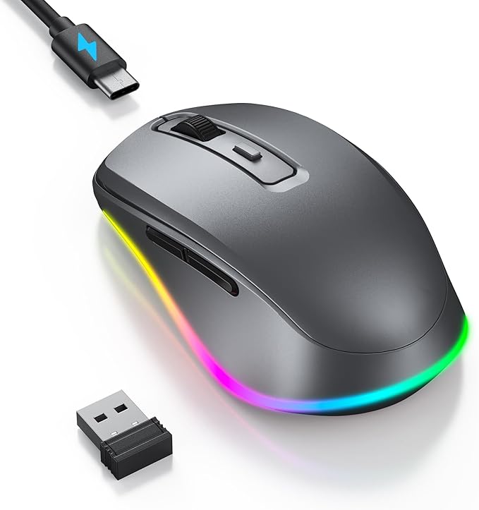PEIOUS Wireless Mouse Jiggler - LED Wireless Mice with Build-in Mouse Mover, Rechargeable Moving Mouse for Laptop with Undetectable Random Movement Keeps Computers Awake - Space Grey