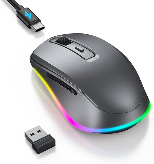 PEIOUS Wireless Mouse Jiggler - LED Wireless Mice with Build-in Mouse Mover, Rechargeable Moving Mouse for Laptop with Undetectable Random Movement Keeps Computers Awake - Space Grey