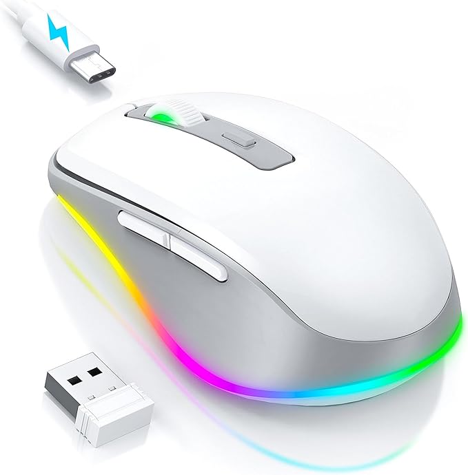 PEIOUS Wireless Mouse Jiggler - LED Wireless Mice with Build-in Mouse Mover, Rechargeable Moving Mouse for Laptop with Undetectable Random Movement Keeps Computers Awake - White & Grey