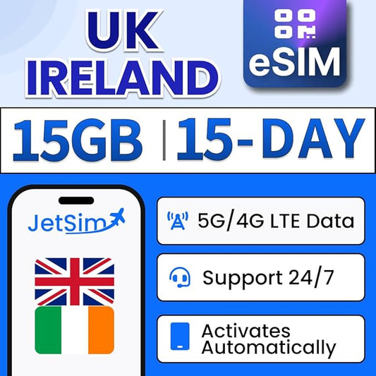 UK & Ireland [eSIM] 15-Days, 15GB High-Speed Data (1GB/Day), Mobile Hotspot & Tethering, Instant Delivery, Auto-Activation, Uses Three UK, Prepaid Virtual SIM Card
