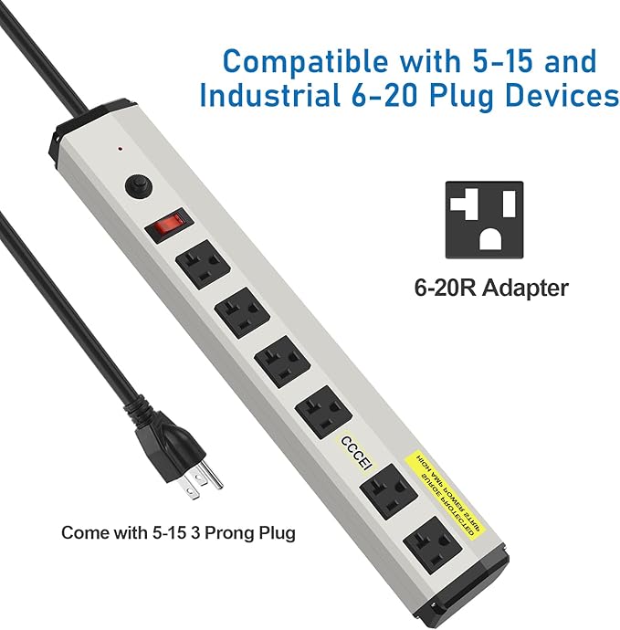 CCCEI Heavy Duty Power Strip Surge Protector 20 Amp, High Amp Industrial Shop Garage Metal Multiple Outlets, 10 FT 12 Gauge 5-15P Extension Cord 6 Outlet 6-20R T-Slot 20a for Appliance.