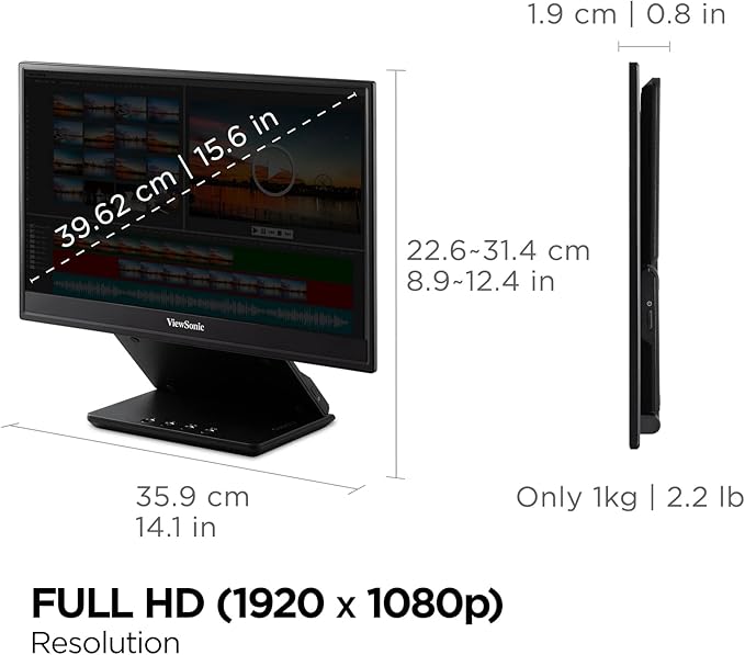 ViewSonic VP16-OLED 15.6 Inch 1080p Portable OLED Monitor with 2 Way Powered 40W USB C, Pantone Validated, Factory Calibrated, Built-in Ergonomic Stand with Protective Cover,Black