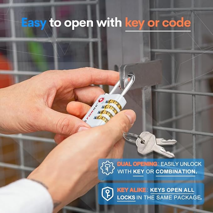 Forge Dual-Opening: Key or Combination Access Lock, TSA Approved Locks for Luggage, Pelican case, Travel, Gym, School, Stainless Steel Shackle. (Multi Color, 4 Pk)