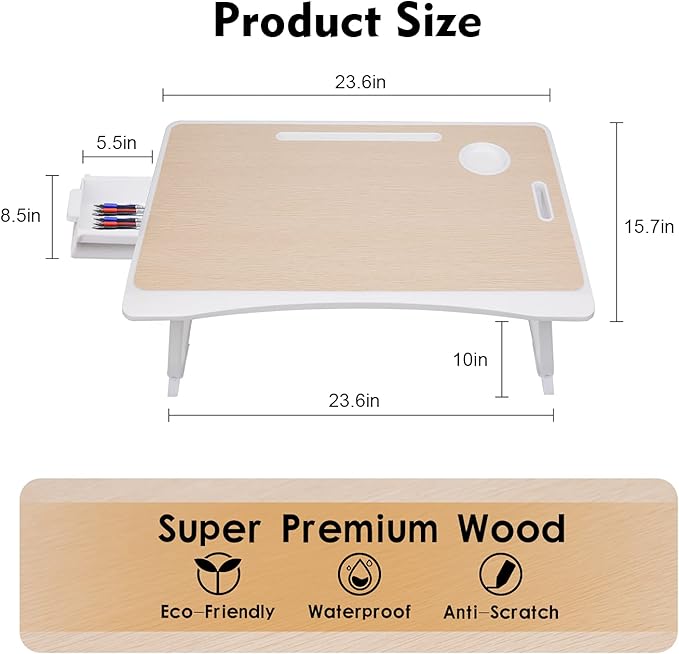 Amaredom Laptop Bed Desk Tray Bed Table, Foldable Portable Lap Desk Notebook Stand Reading Holder with Storage Drawer and Cup Holder for Eating Breakfast on Bed/Couch/Sofa-White Oak