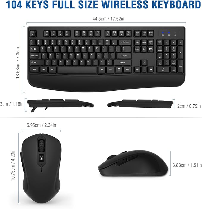 Wireless Keyboard and Mouse Combo, EDJO 2.4G Full-Sized Ergonomic Computer Keyboard with Wrist Rest and 3 Level DPI Adjustable Wireless Mouse for Windows, Mac OS Desktop/Laptop/PC(2 Pack)