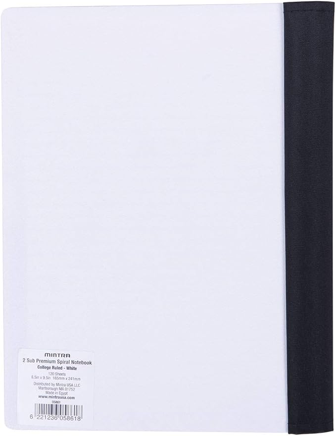 Mintra Office Durable PREMIUM Spiral Notebook, ((White, 2 Subject (6in x 9.5in)), Wire, Fabric Covered Coils, No Snags, Removable Adjustable Pocket Dividers, Ruler, Organization, Customizable