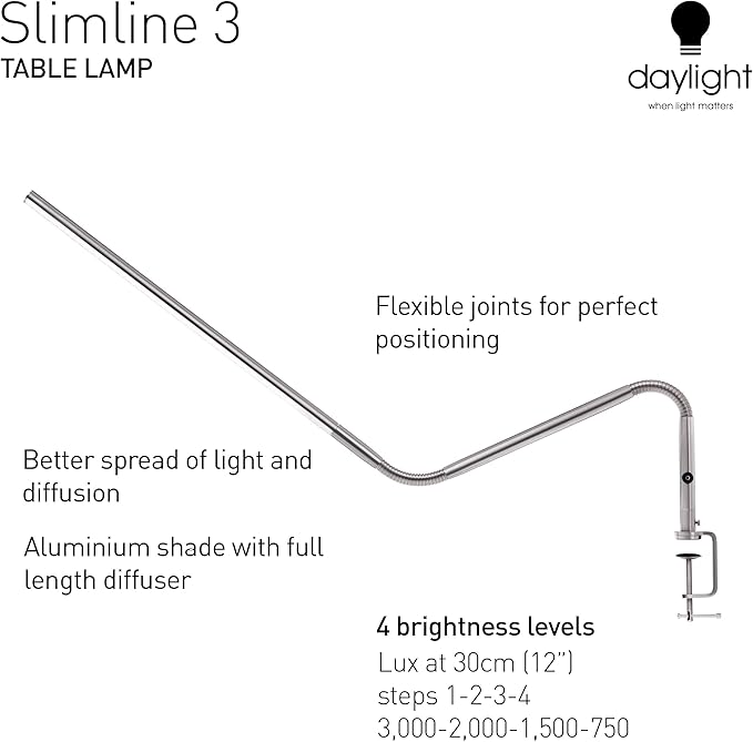 Daylight Company, LLC U35108 Slimline 3 Table Lamp-LED-80 CRI-Eye Care-4 Brightness Levels, 3,000 LUX at 30 cm, 1,065 LUMENS-4 Step DIMMER Mode, Brushed Steel, 25.6 x 30 x .8