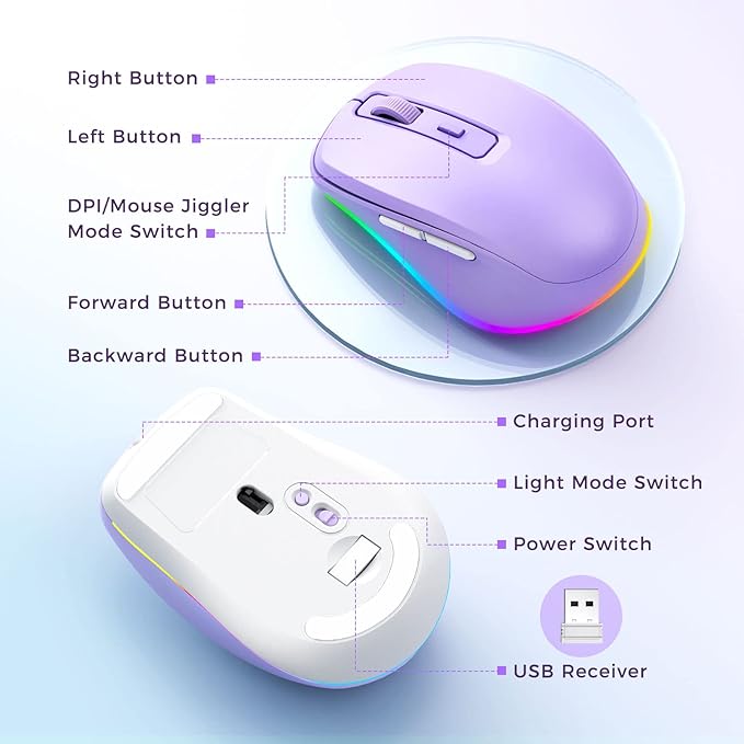 PEIOUS Wireless Mouse Jiggler - LED Wireless Mice with Build-in Mouse Mover, Rechargeable Moving Mouse for Laptop with Undetectable Random Movement Keeps Computers Awake - Purple