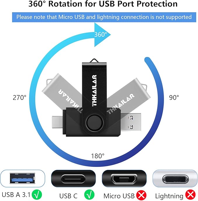 Thkailar 64GB Type C 3.1 USB Flash Drive-2 in 1 Thumb Drive with USB A and Type C Port-Compatible with Mac Pro/Laptops/PC Transfer Data(Black)