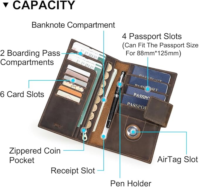 CONTACTS Full Grain Leather Family Passport Holder for 4 Airtag Passport Wallet RFID Blocking Travel Passport Cover with 4 Passport Slot, 6 Card Slot (Brown)